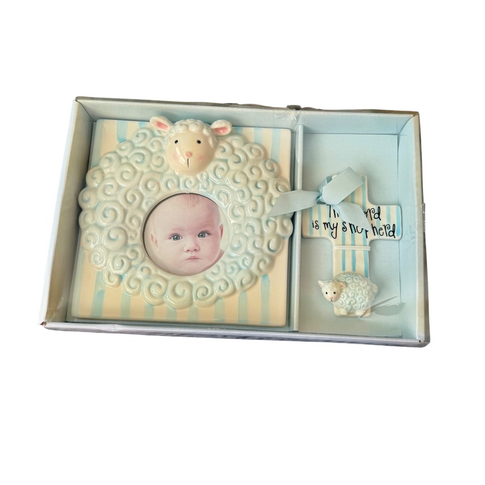 Mud Pie Blue Lamb Ceramic Picture Frame and Cross Set The Lord Is My Shepherd